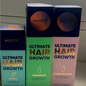 Moerie Hair Products: shampoo, conditioner, hair growth spray